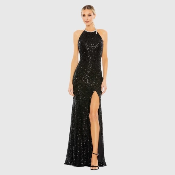 Mac Duggal 26943 NWT SEQUINED HIGH NECK RHINESTONE TRIM COLUMN GOWN - Picture 1 of 9